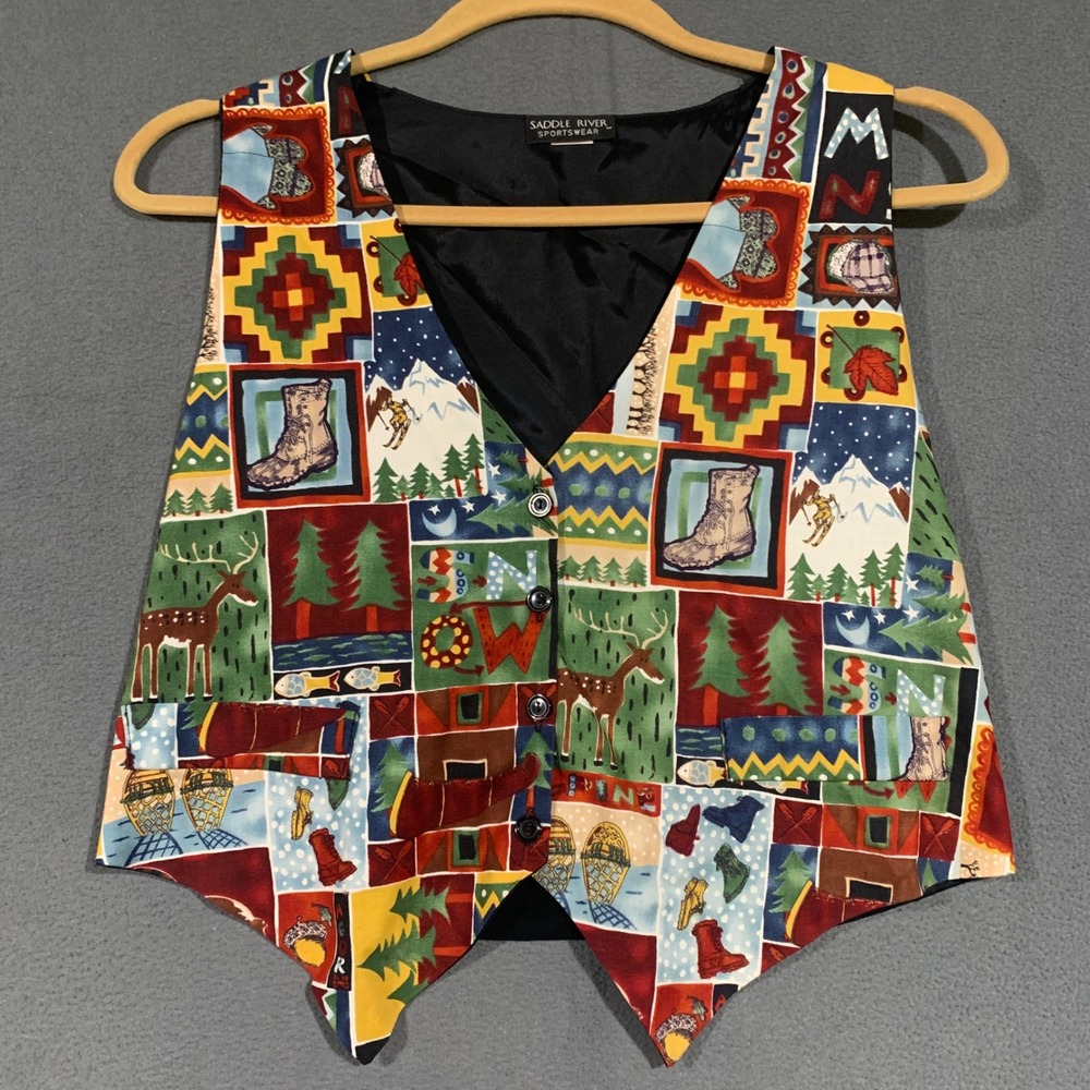 Saddle River Sportswear Vest Womens L/XL Winter Lodge Patchwork Cabincore Retro